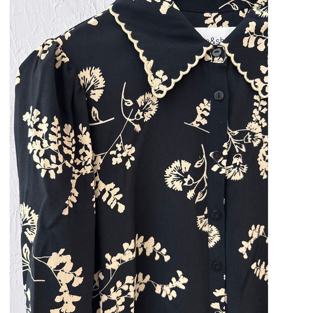 ba&sh Selym Floral Print Button Up Lady Shirt Black & Cream Size Small - Picture 11 of 12